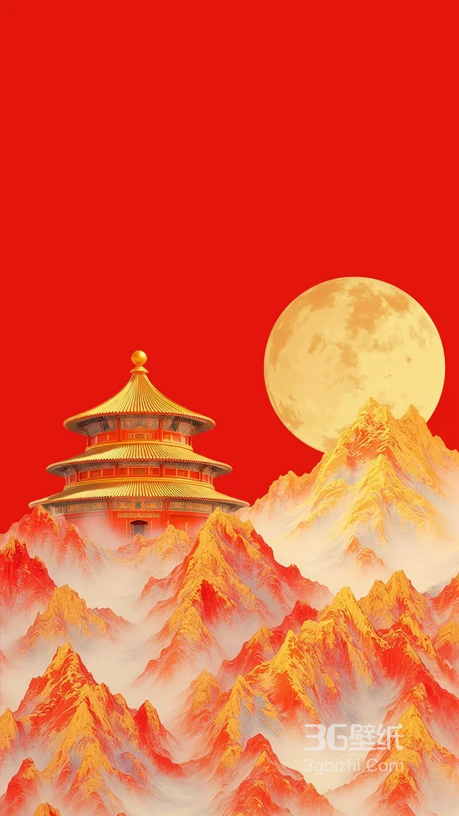 天坛望月红底图 金色山峦中国风传统建筑图1