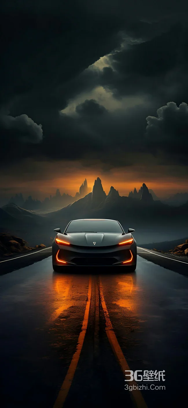 雨夜黄昏山脉道路黑色跑车1