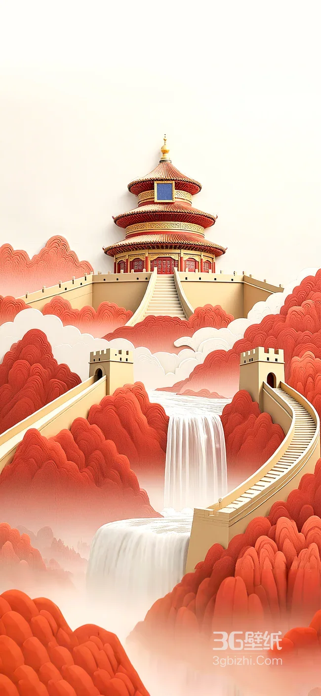 天坛长城云海瀑布中国风插画1