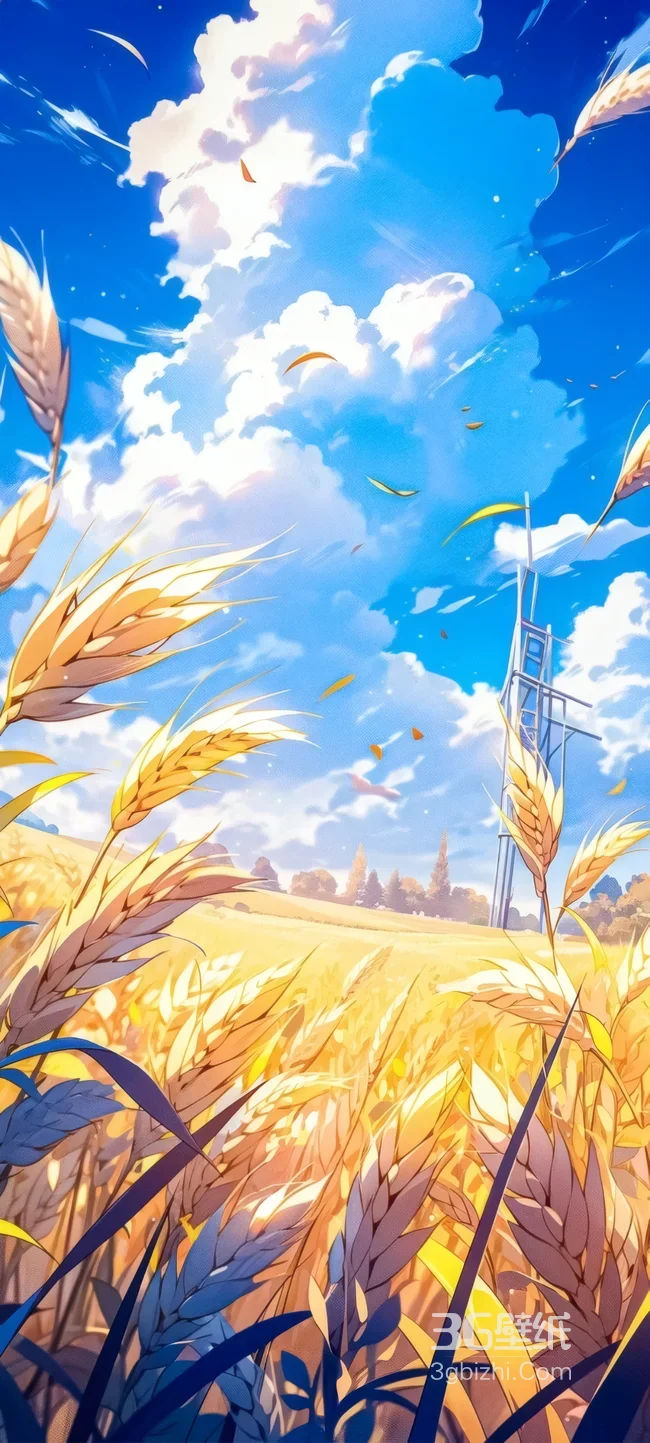 金黄麦田 蓝天白云 田野风光插画1