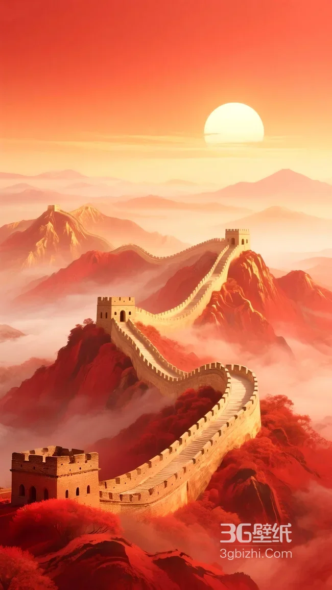 中国长城云海夕阳图 赤红霞光映照山峦壁纸1