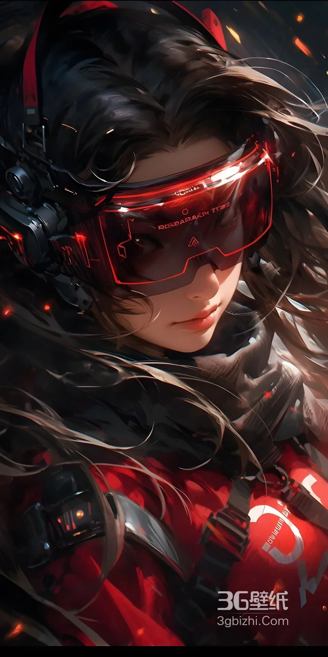 赛博朋克红镜长发女性科幻插画-AIGC1