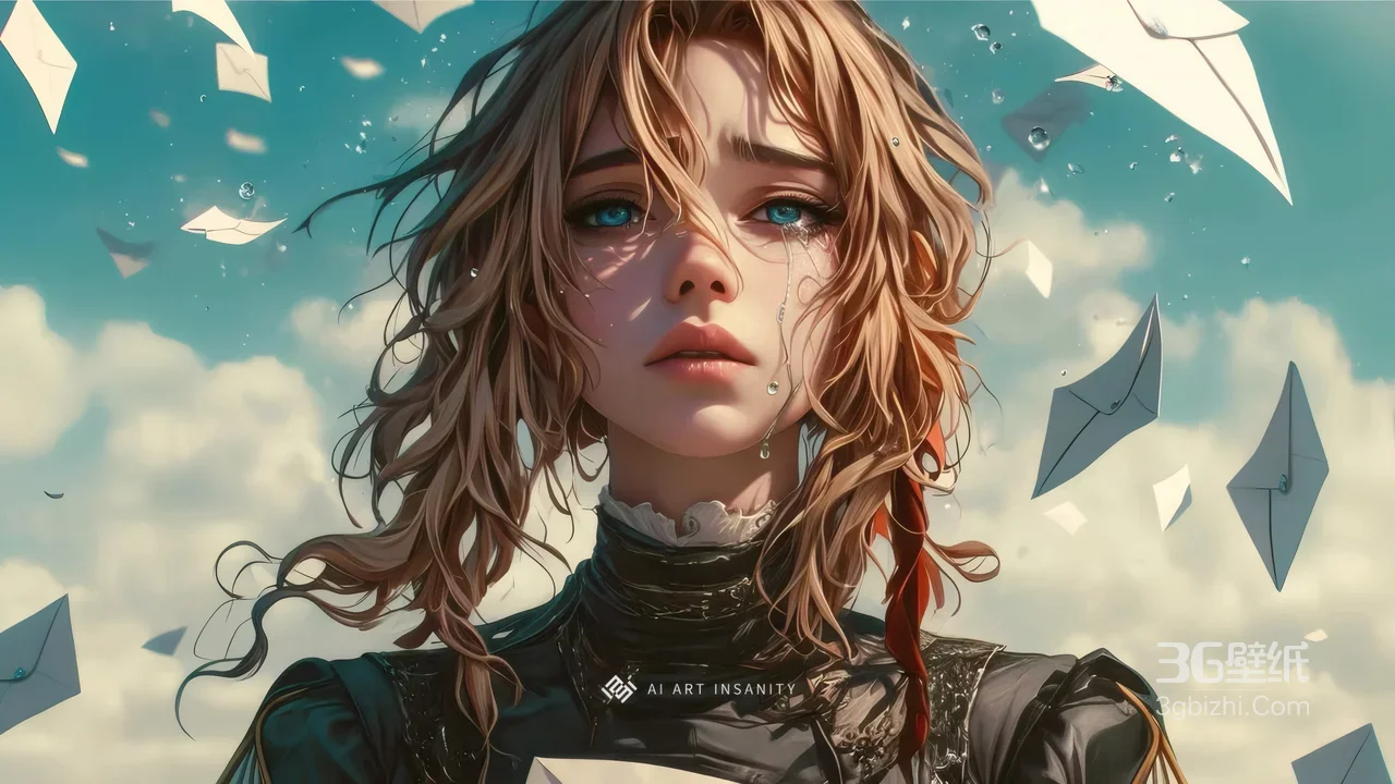 金发蓝眼少女与飞散纸飞机插画1