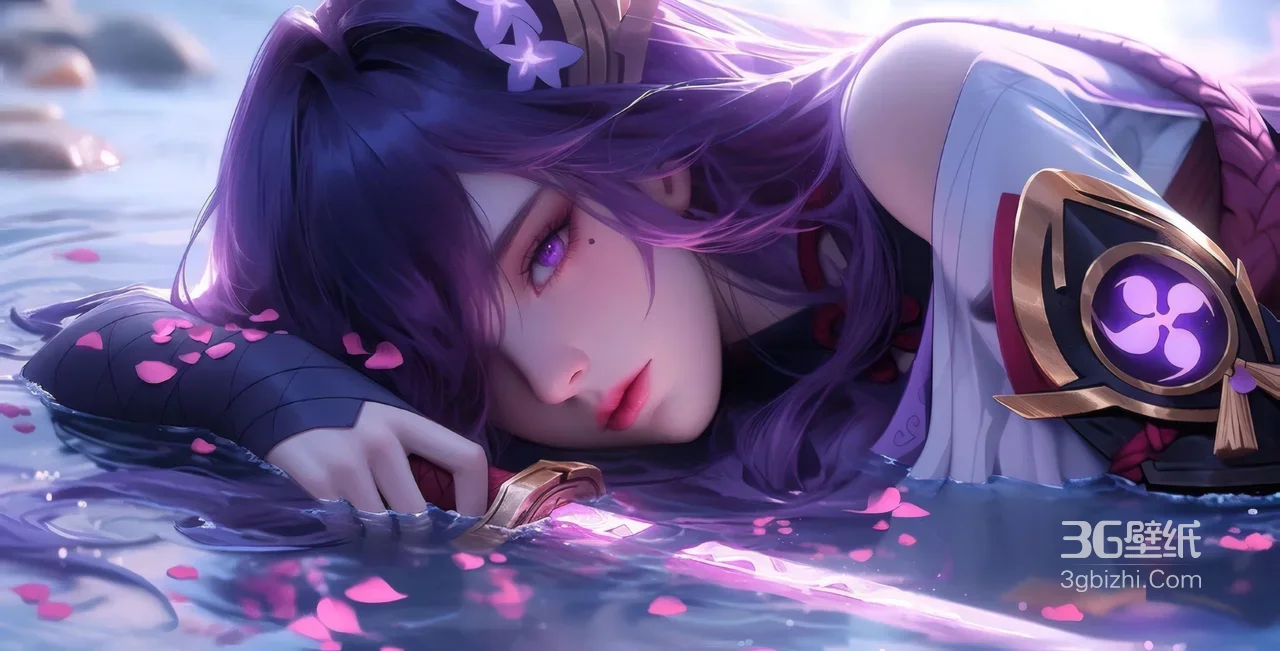 紫发古风少女水中卧眠樱花飘落1