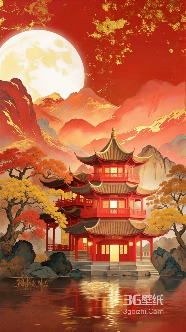 中国风红阁映月山水秋夜图1