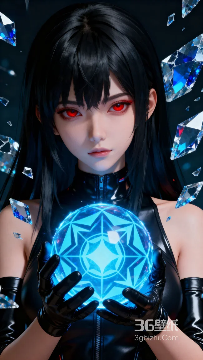 黑发红瞳少女持蓝光水晶-AIGC1