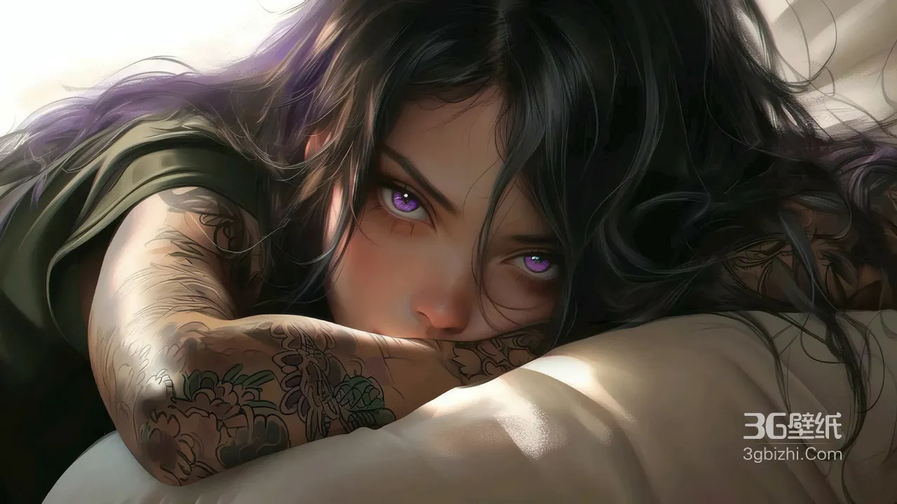紫发紫眸纹身少女趴卧白枕慵懒插画1