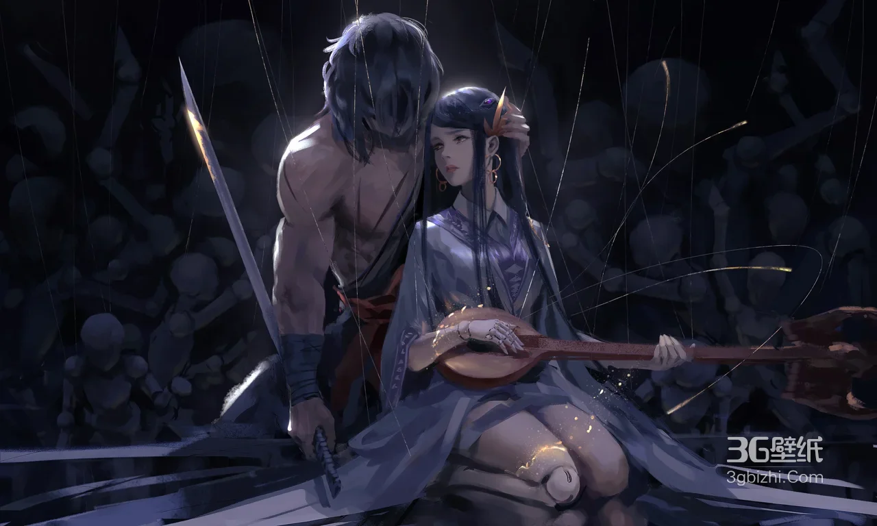 wlop作品暗雨废墟古风武侠插画：执刀男与弹琵琶女相依1