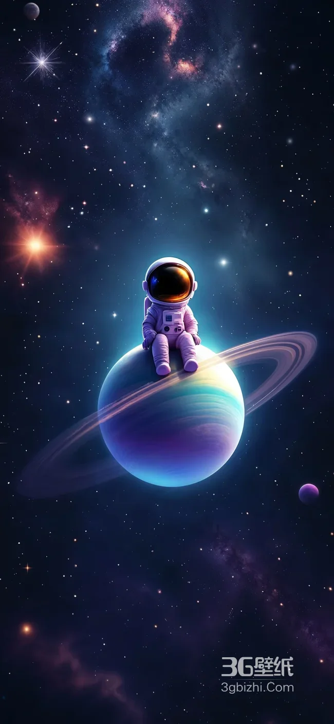 宇航员坐光环行星仰望璀璨星空唯美宇宙插画1