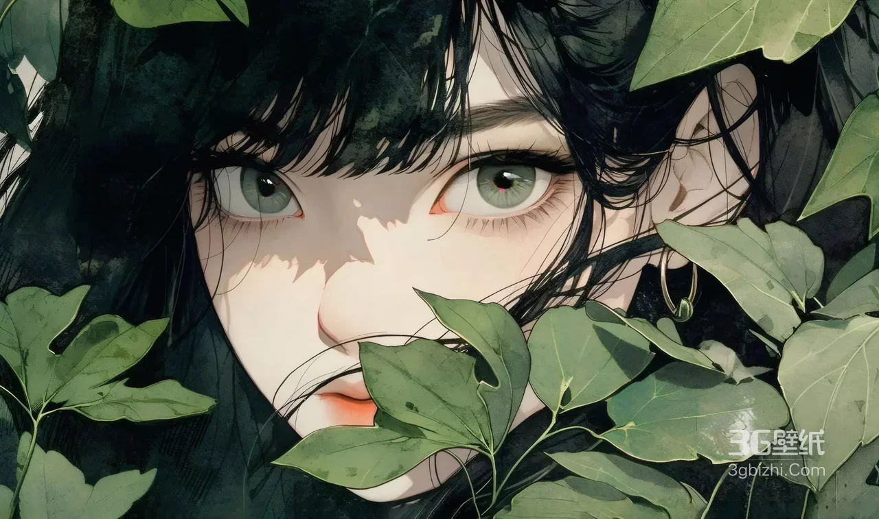 绿叶环绕森系插画女孩 清新自然唯美壁纸1