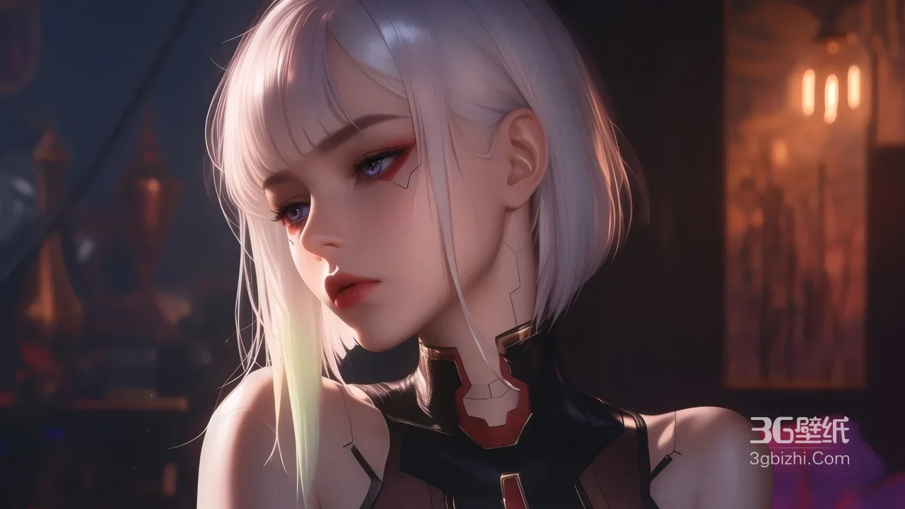 白发红瞳少女 暖光复古室内 赛博朋克风插画1