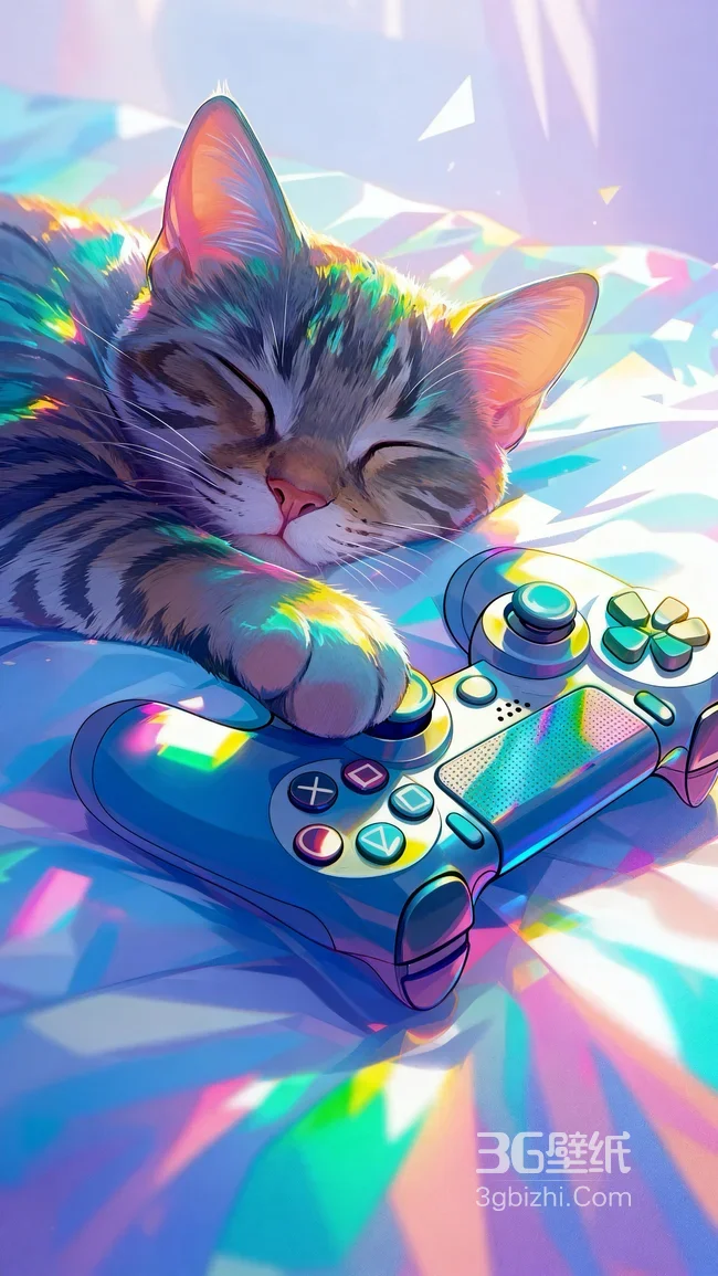彩虹光影梦幻场景 熟睡小猫爪搭游戏手柄1