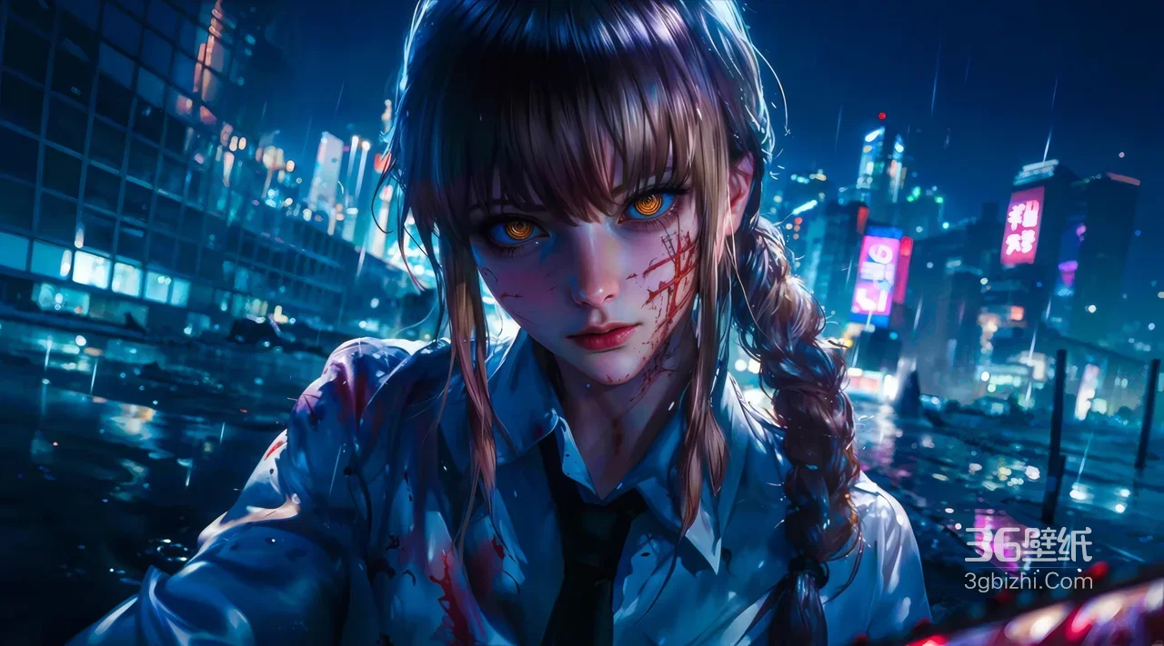 赛博朋克暗黑少女雨夜都市霓虹血迹特写壁纸1