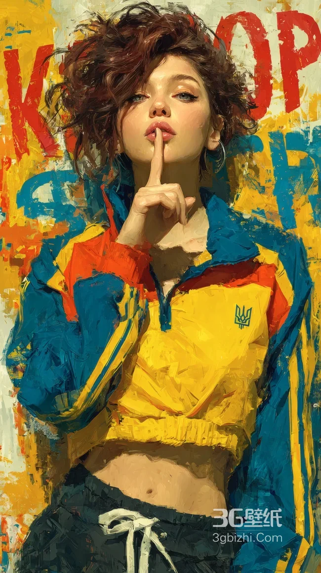 卷发女性穿蓝黄红撞色运动外套涂鸦背景插画-疑似AIGC修改1