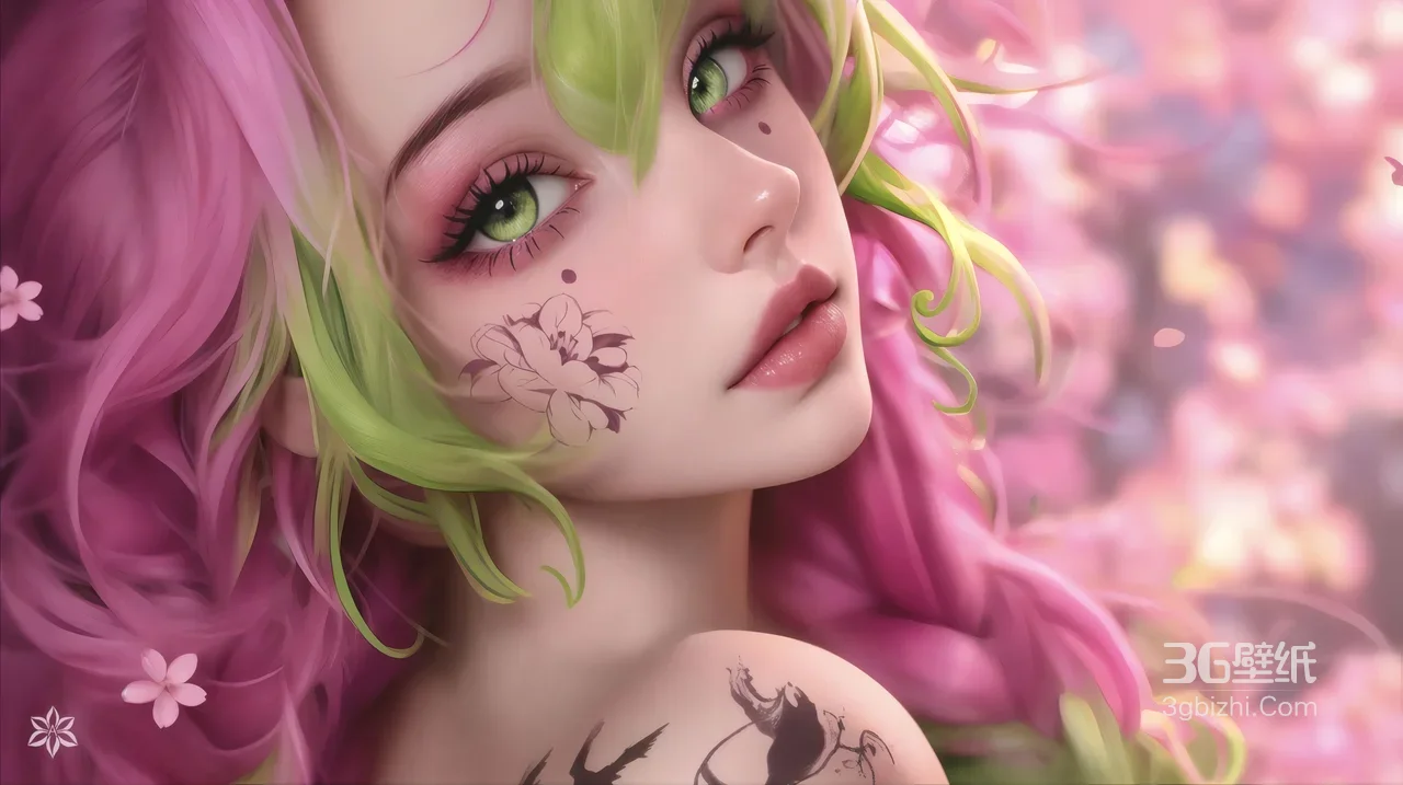 粉绿发樱花纹身少女樱花场景图-疑似AIGC修改1