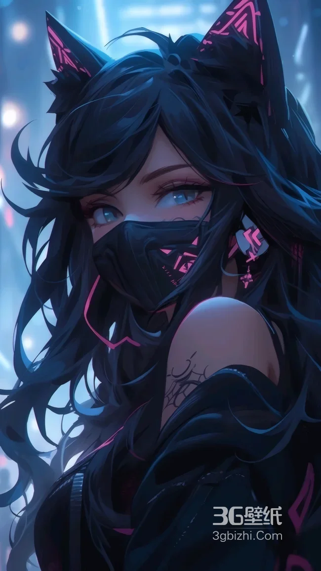 赛博朋克猫耳霓虹口罩少女（-疑似AIGC修改）1