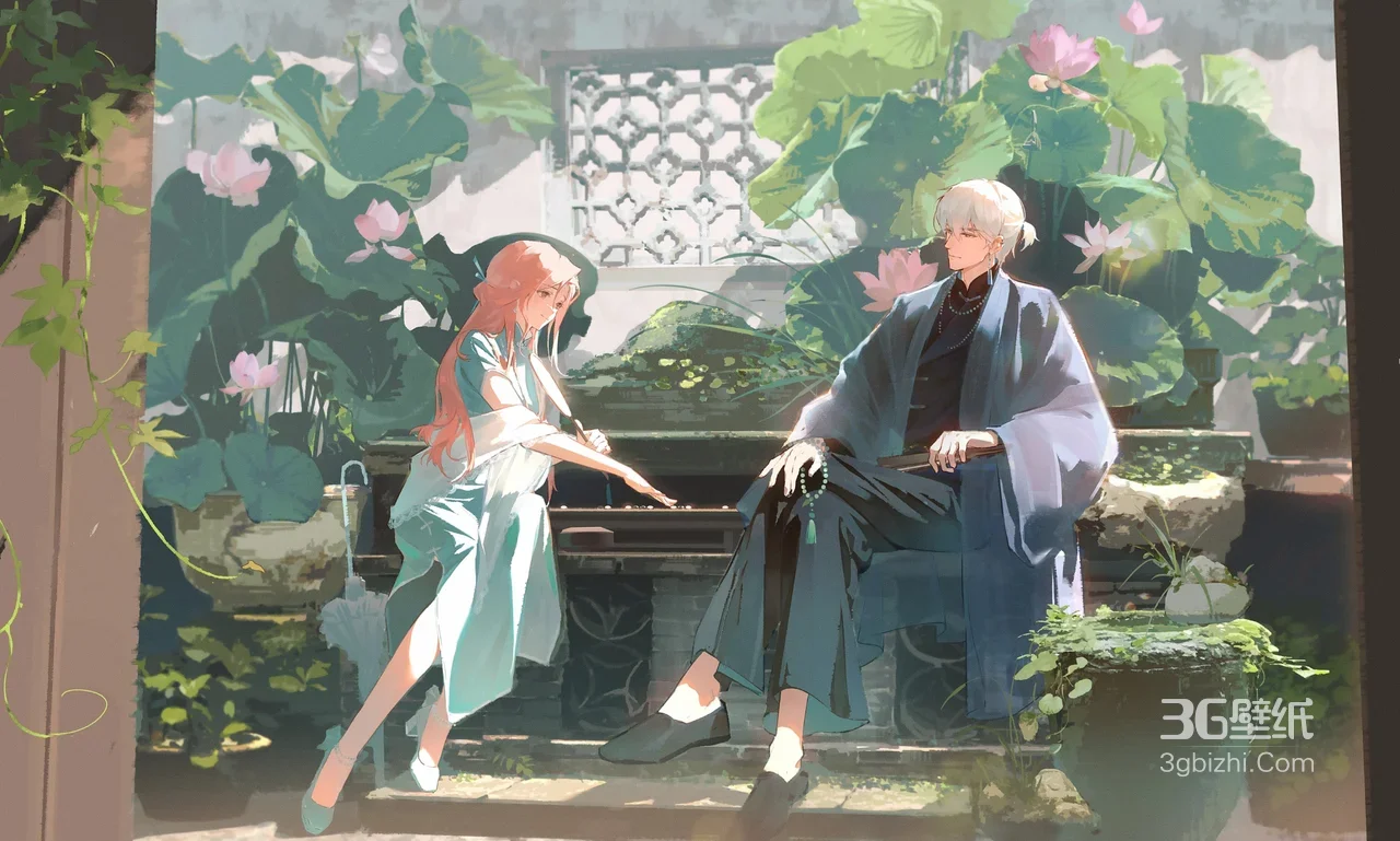 红发女子与白发男子荷塘庭院古风插画1
