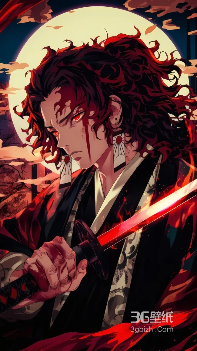 鬼灭之刃黑死牟月下持刀战斗插画1