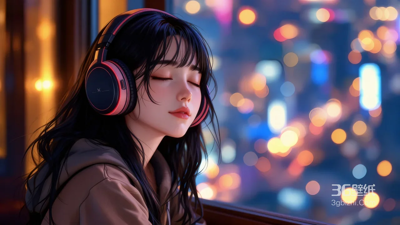 窗边戴耳机女孩静听城市夜景治愈氛围插画-AIGC1