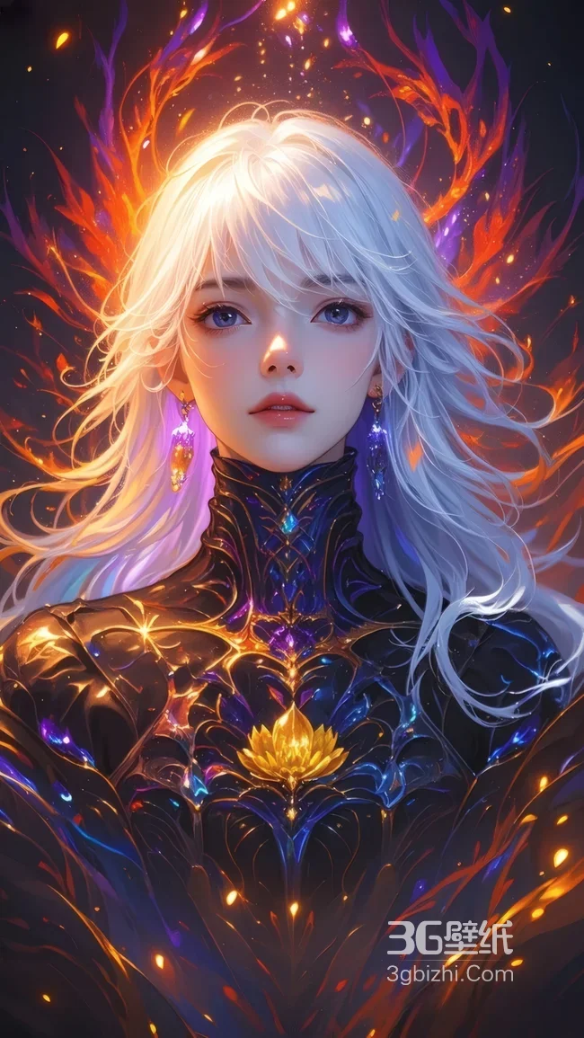 白发蓝眼神女鎏金战甲流光羽翼奇幻插画-AIGC1