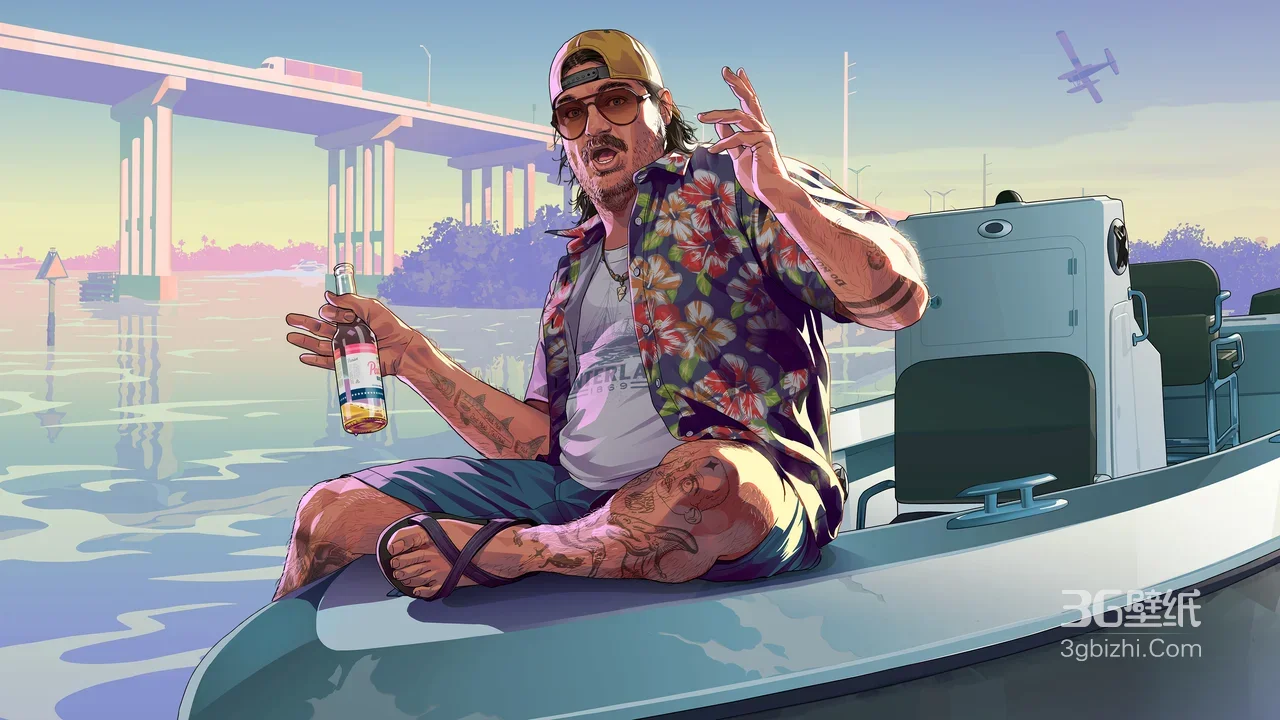 游戏《GTA6》(《侠盗猎车手 6》)宣传壁纸戴帽纹身男坐小船持酒瓶 桥港日落背景1