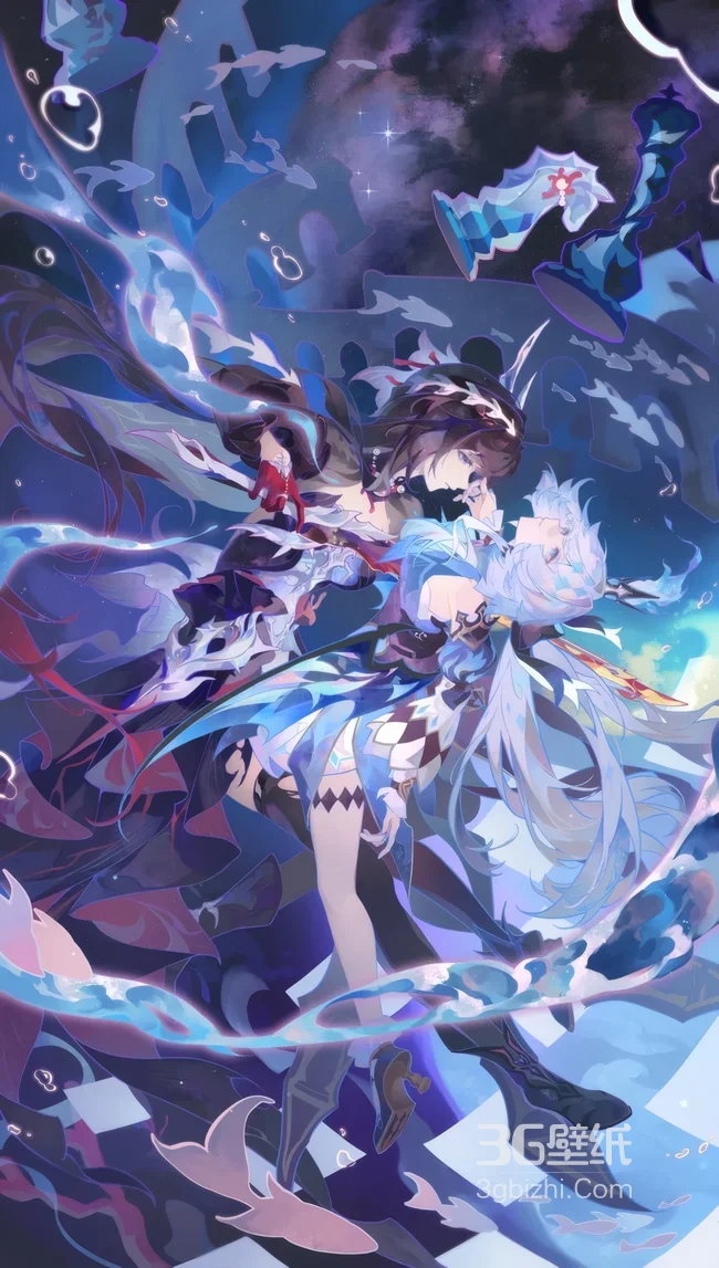 星空下相拥的双生少女 奇幻蓝调二次元插画1