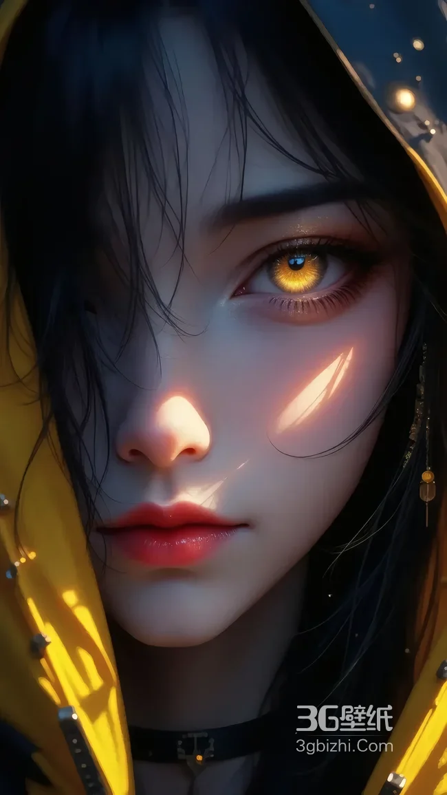 黄兜帽黑发金瞳少女逆光肖像（-疑似AIGC修改）1