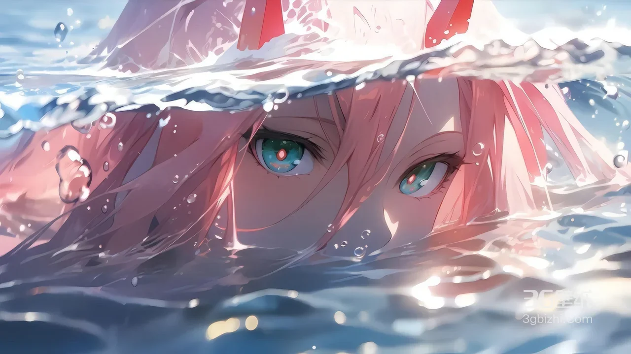 动漫女孩水中睁眼特写 粉发角娘高清插画-AIGC1