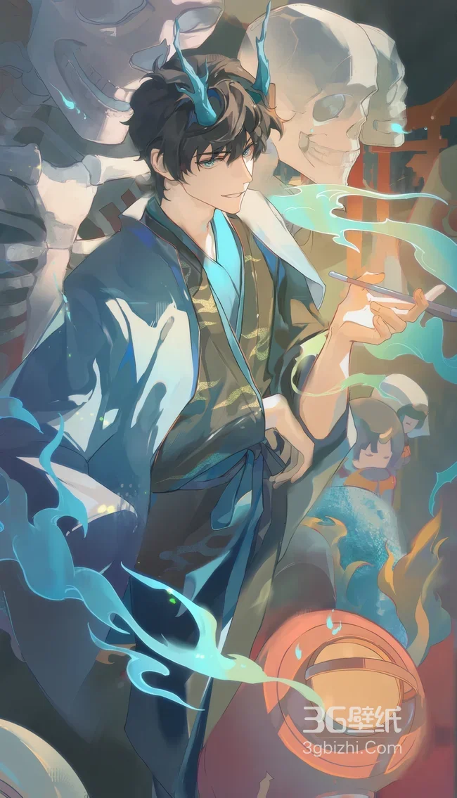 青角妖男执墨笔古风插画 蓝烟骸骨和服背景1