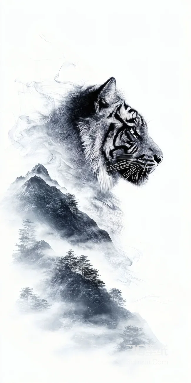 水墨猛虎侧首图 山峦云雾意境壁纸1