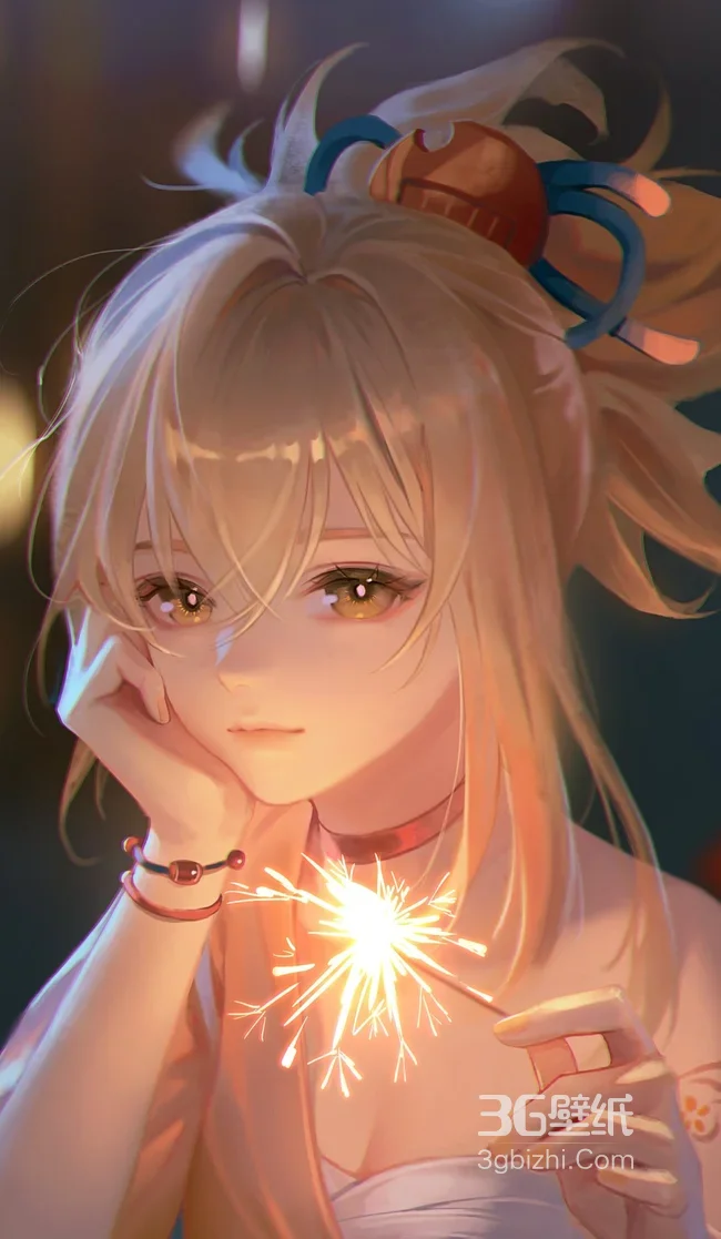 金发少女手持烟花夜景唯美插画1