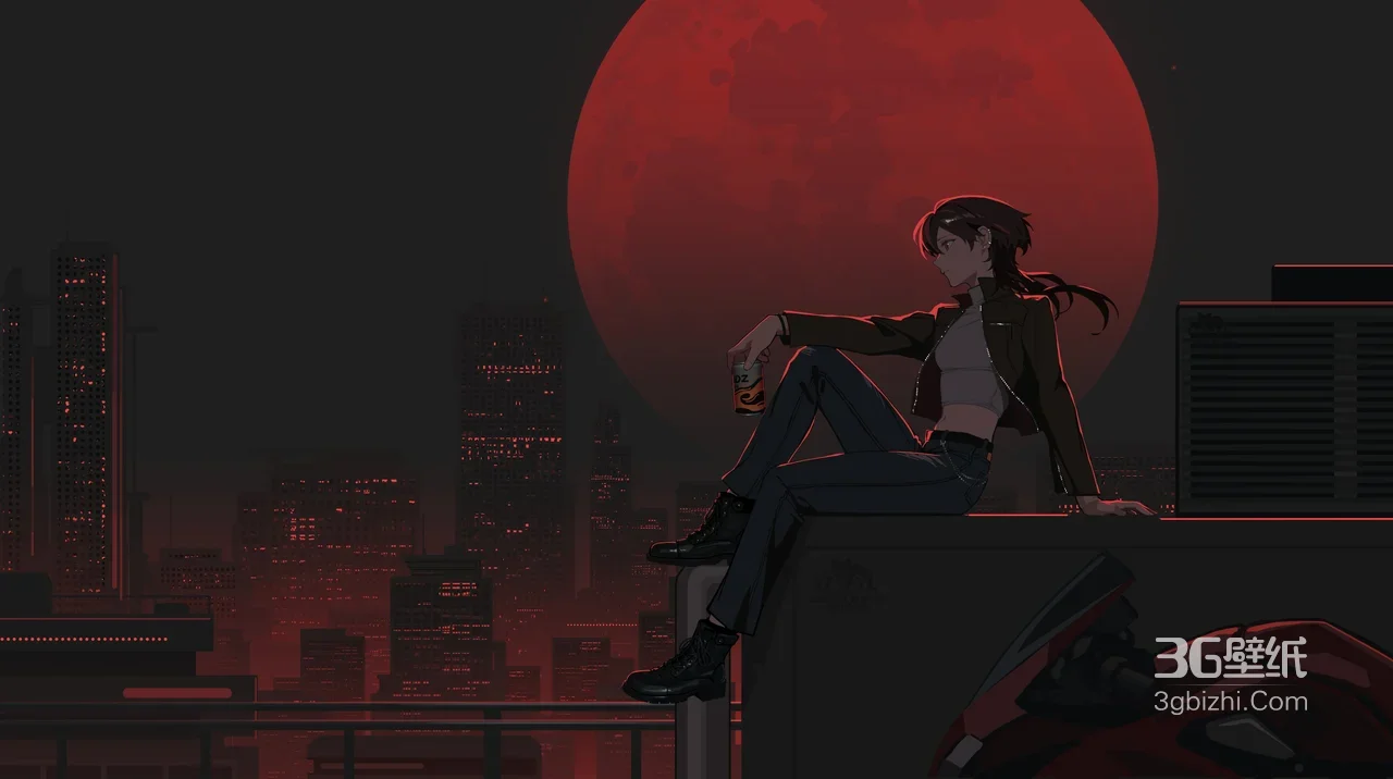 红月夜空下的都市少女 城市夜景插画1