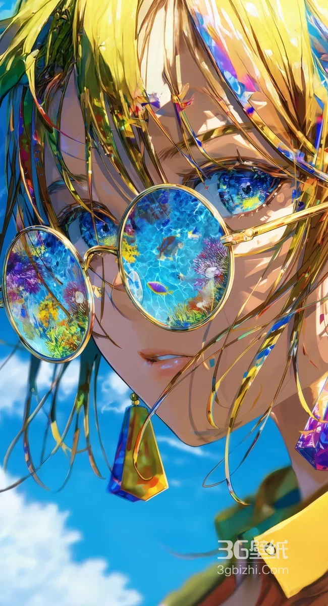 金发彩镜少女 蓝天背景动漫插画1