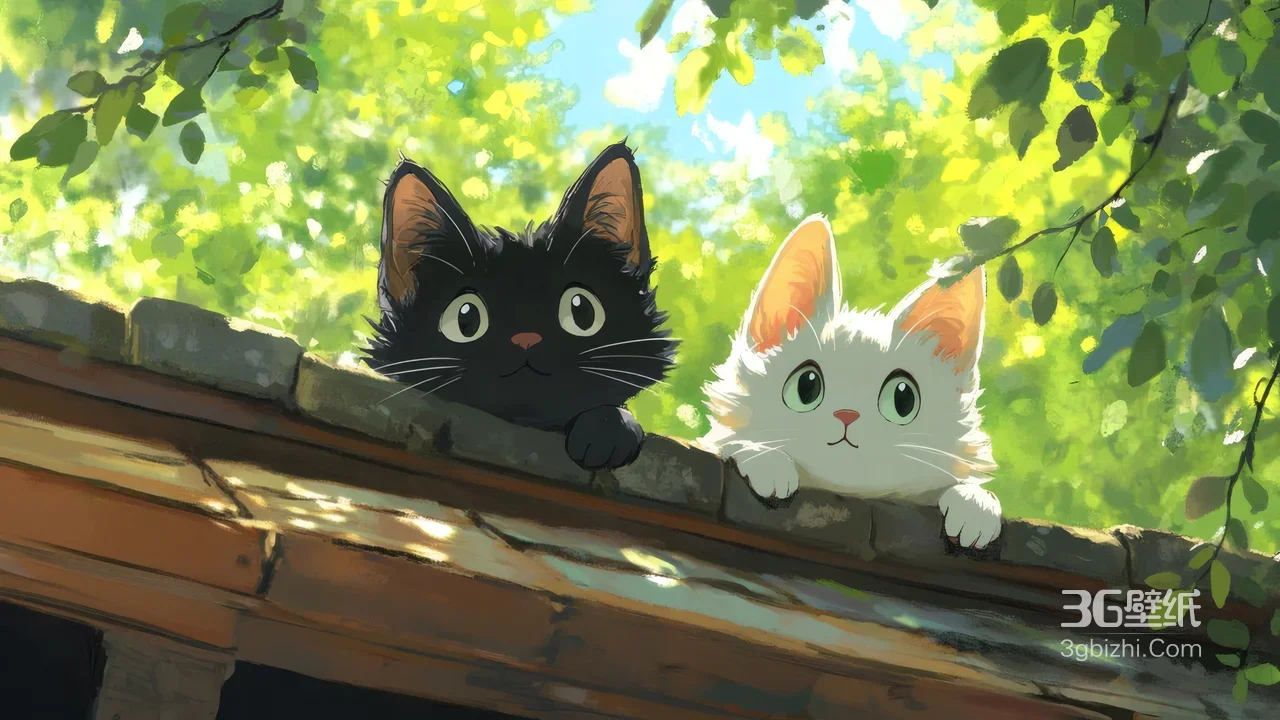 黑白色猫咪趴屋顶 治愈系动画场景壁纸-AIGC1