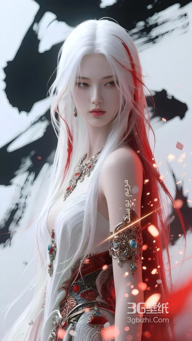 白发红挑染古风华丽服饰少女-疑似AIGC创作