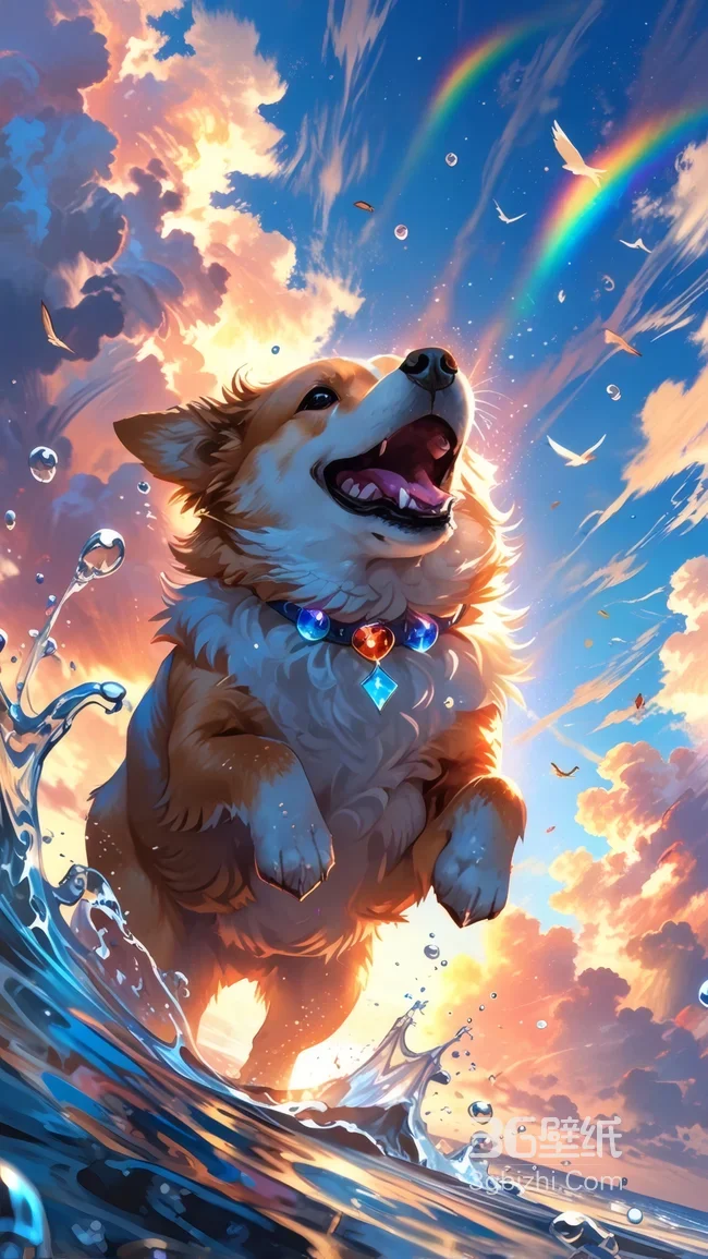 柯基犬水中跳跃 彩虹霞光背景插画-疑似AIGC创作1