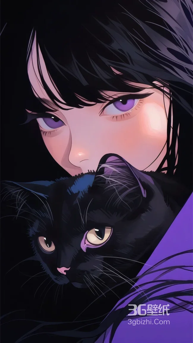 黑发紫瞳少女怀抱黑猫唯美插画1