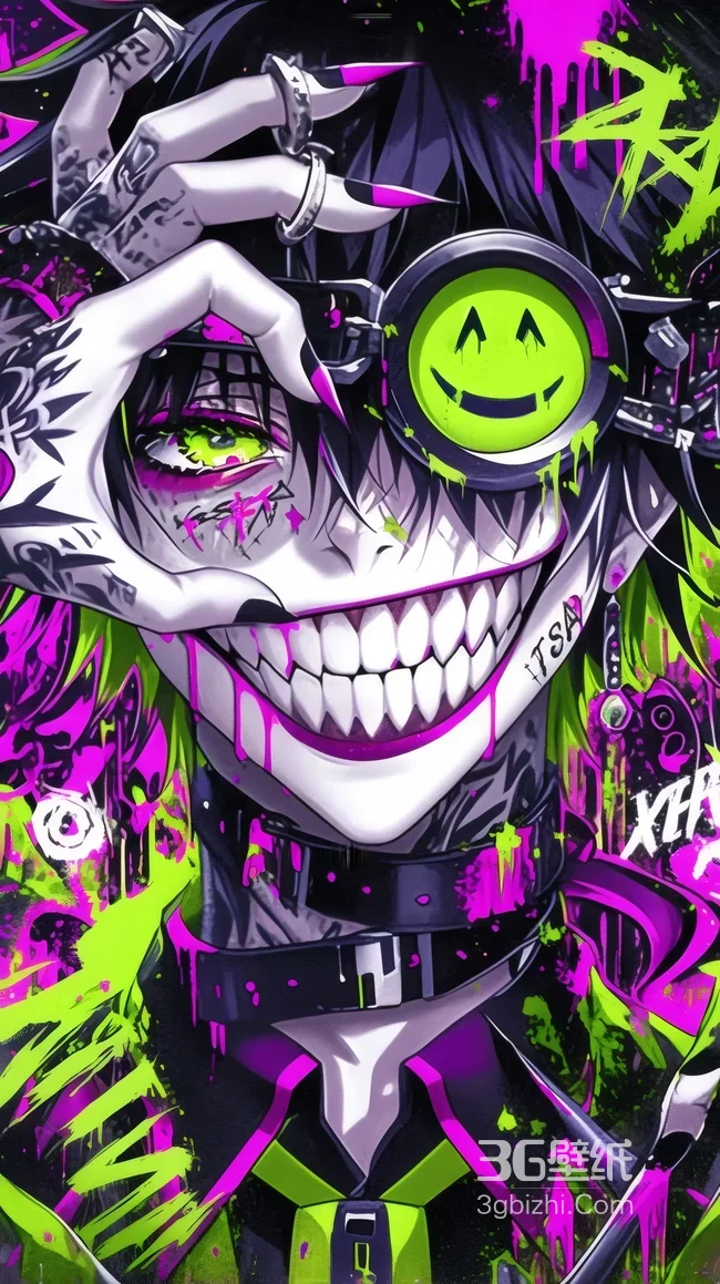暗黑动漫风笑脸角色绿色护目镜纹身设计-疑似AIGC创作1