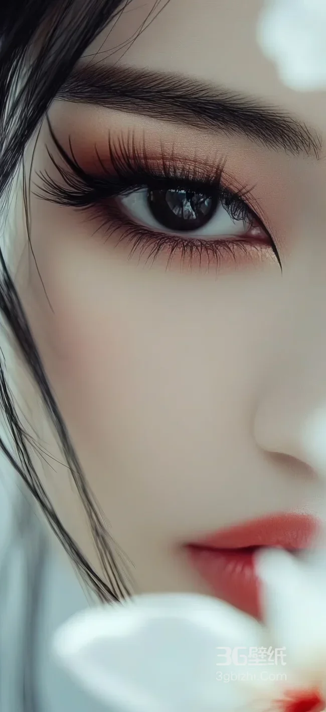 唯美女性精致眼妆特写白色花朵点缀手机壁纸1