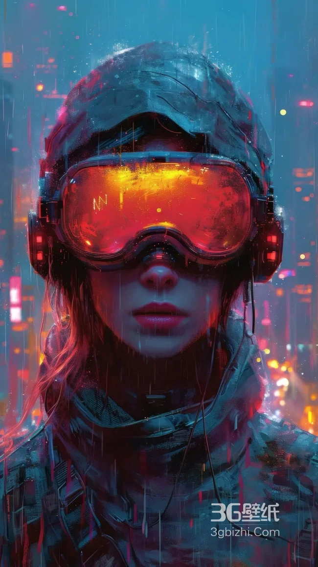 赛博朋克雨夜红护目镜战士霓虹都市赛博风高清1