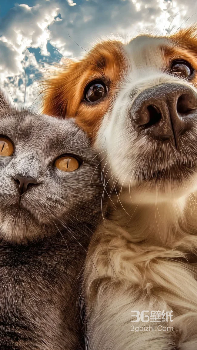 灰猫与棕白犬亲密依偎仰望天空1