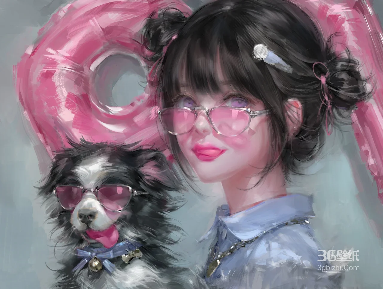 双马尾粉眼镜少女与戴墨镜小狗甜美形象1