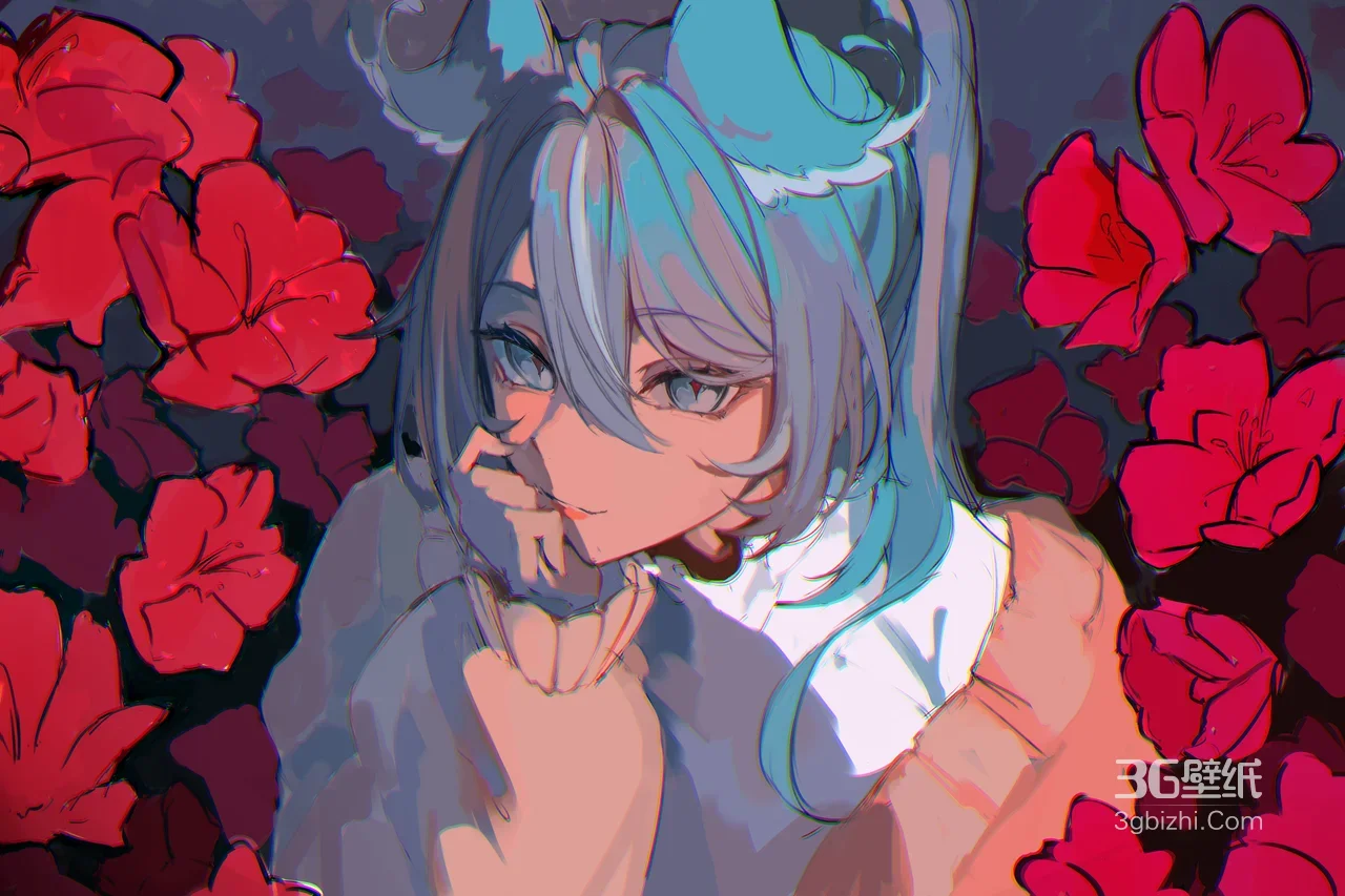 蓝发少女二次元红色花朵发饰氛围感高清唯美1