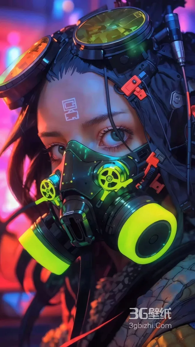 赛博朋克风格霓虹灯下戴护目镜防毒面具女性角色1