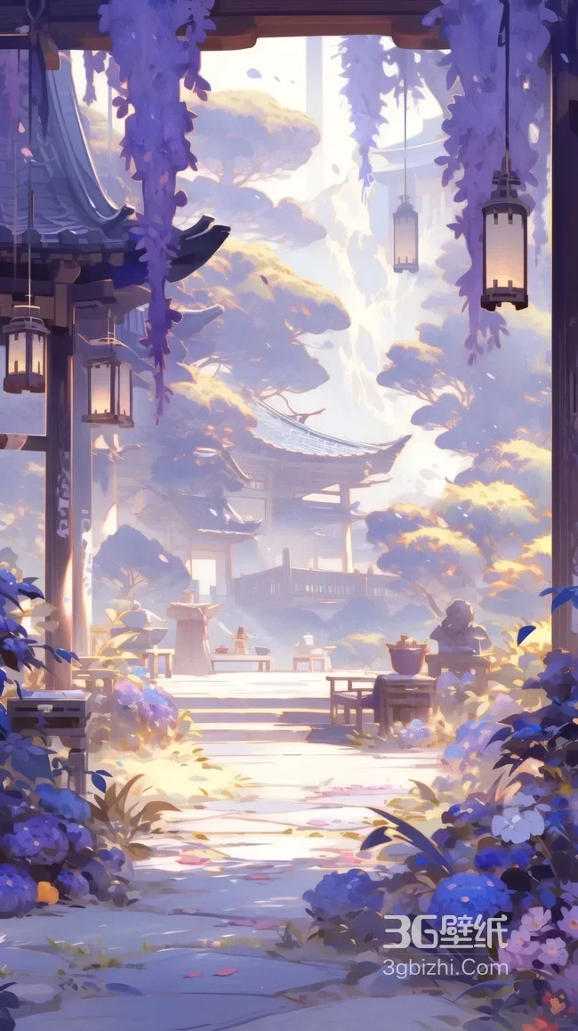 古风紫藤庭院灯笼亭台远山人物场景图1