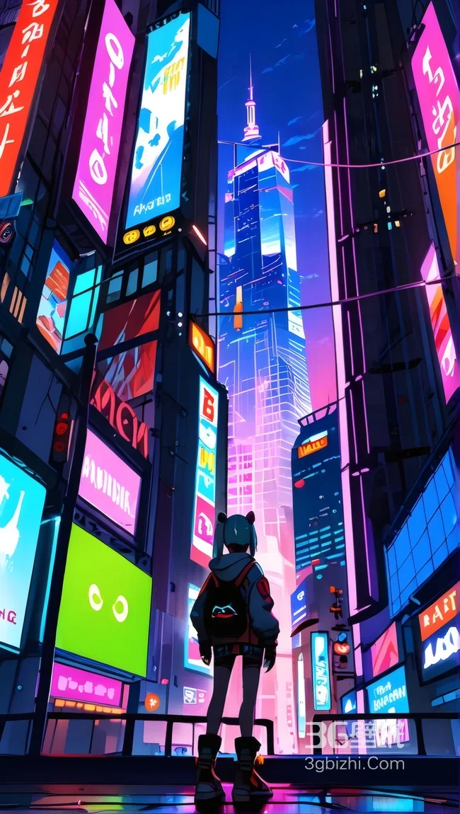 赛博朋克城市霓虹灯下背背包角色高清无水印1