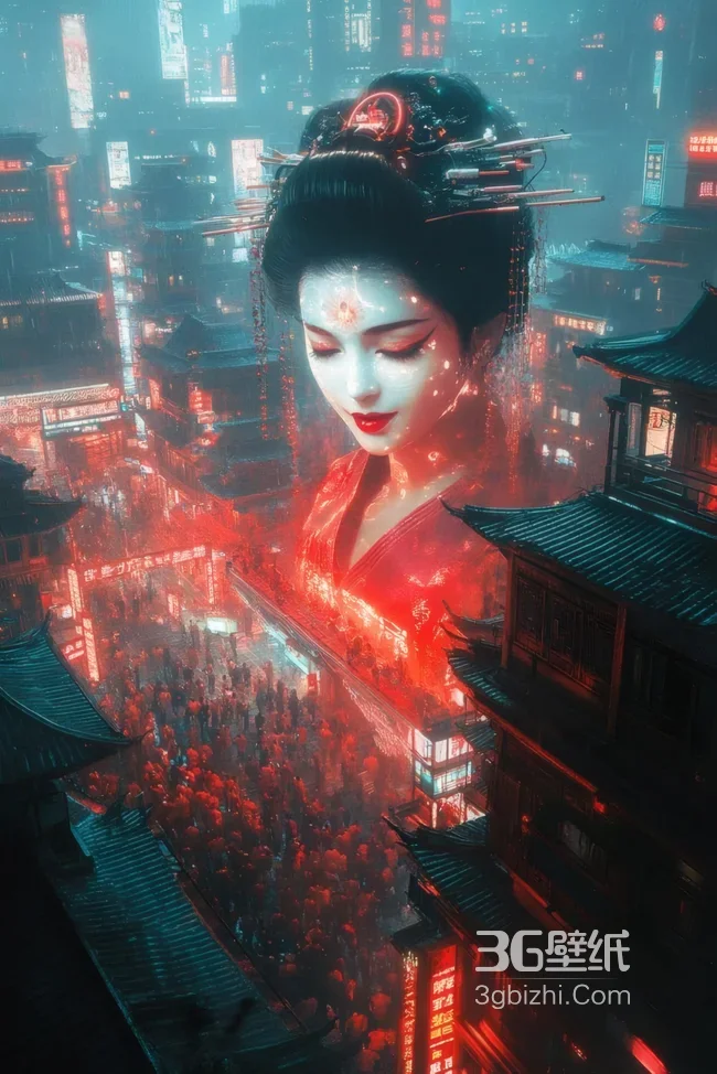 赛博朋克古风女性 中式霓虹城夜景 高饱和人物特写1