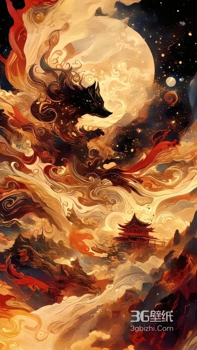 国风玄幻狼灵腾云伴月古楼意境高清素材1