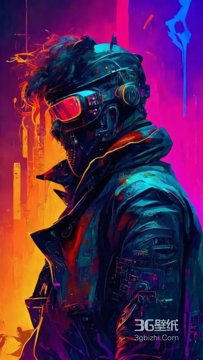 赛博朋克机械头盔角色 霓虹光影科幻人物1