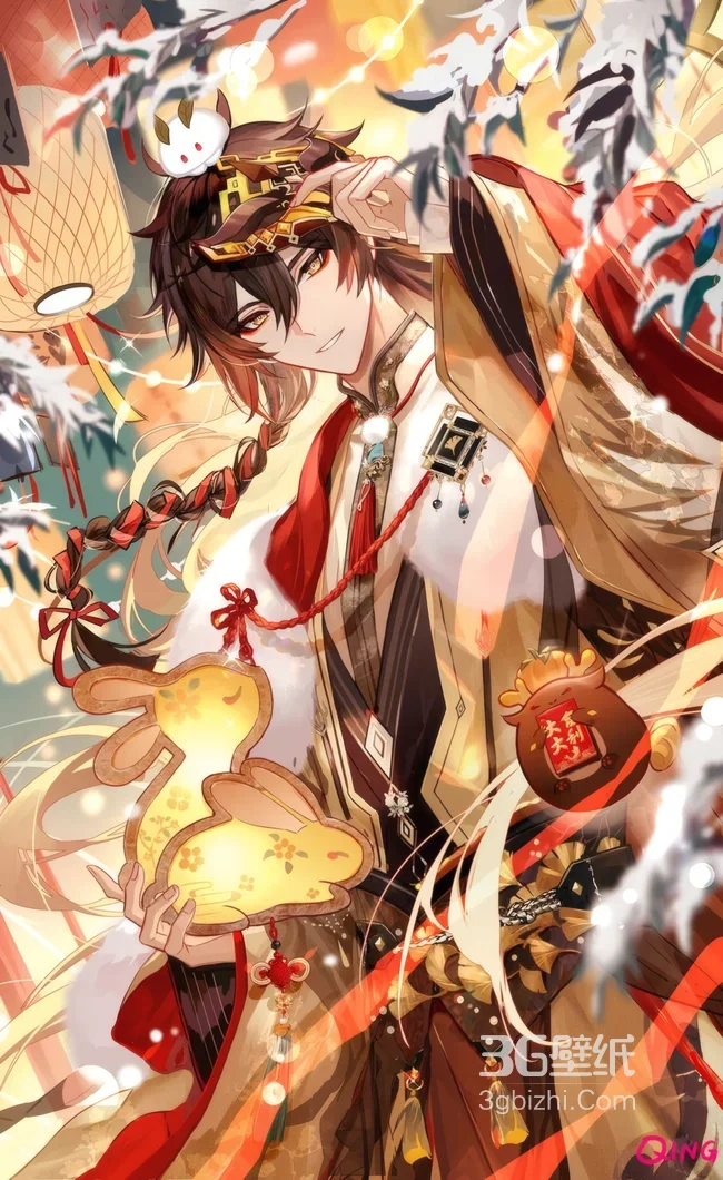 古风男子持发光兔灯贺岁 春节灯笼飘带唯美场景高清1